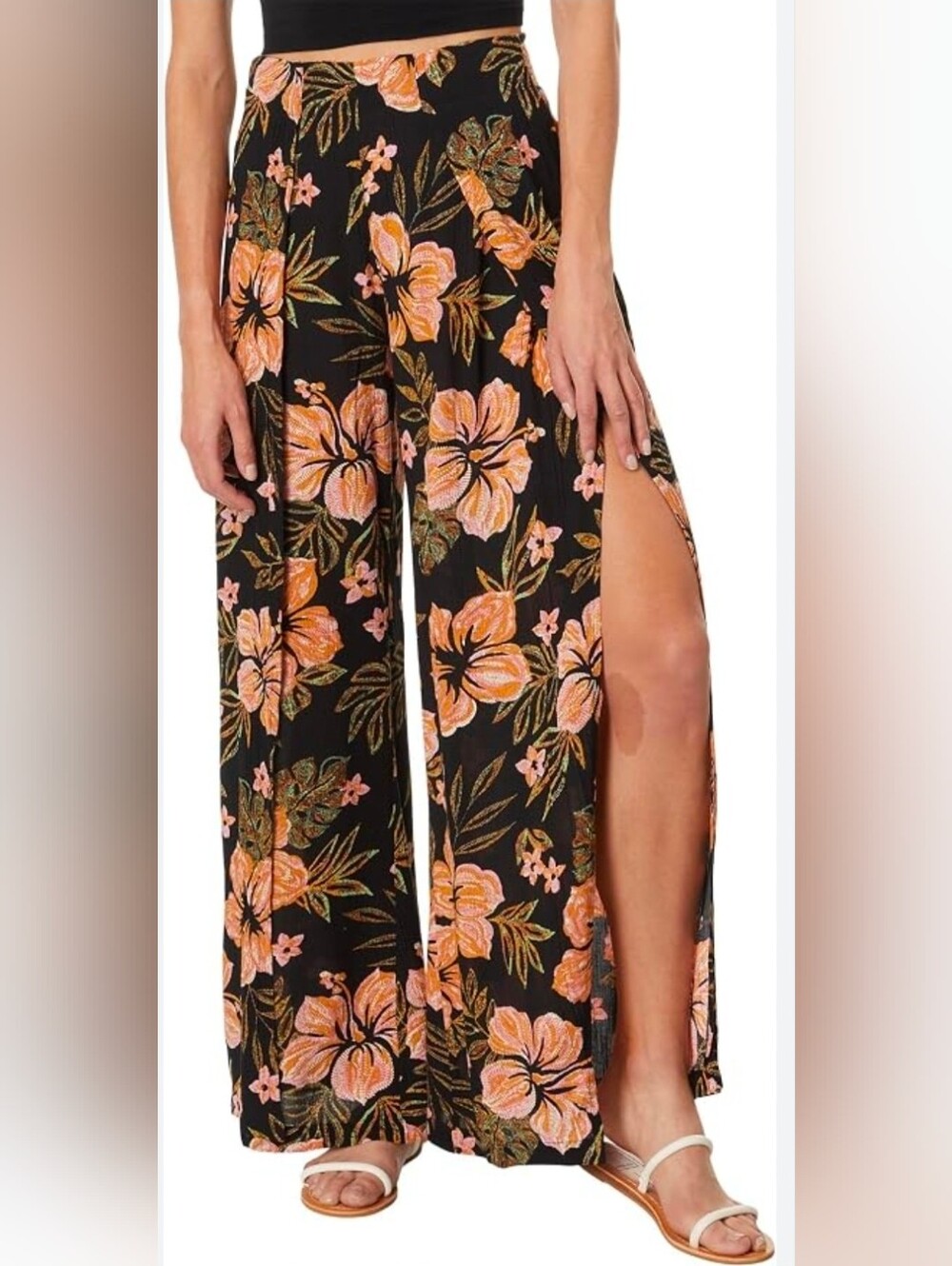 Billabong Black Wide-Leg Split Spirits Floral Pants Size S